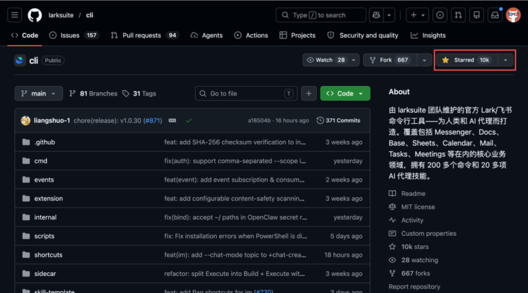 GitHub 上狂揽 1 万 Star!这个飞书命令行 CLI 开源项目起飞了。
