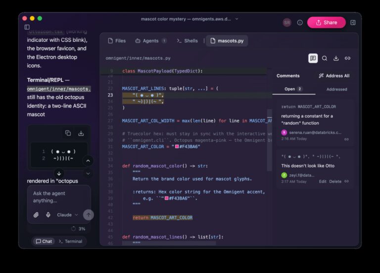 Omnigent web UI showing a shared session with inline comments, an agent chat, and a code editor open side by side.